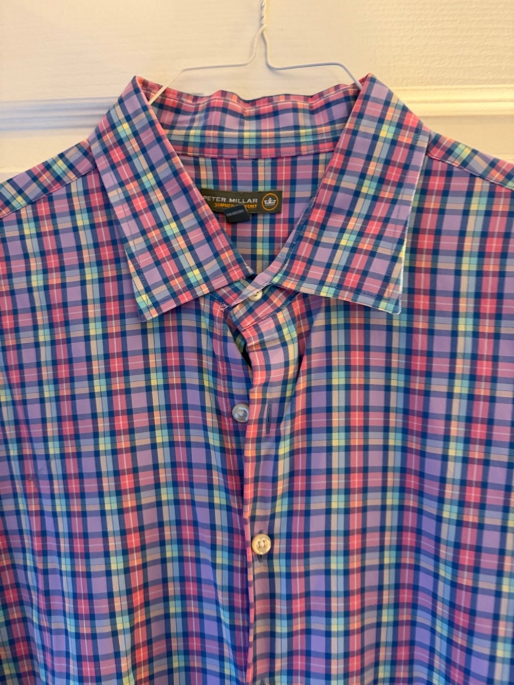 Peter Millar Pink and Blue Plaid Dry-fit Button-Down Shirt XXL